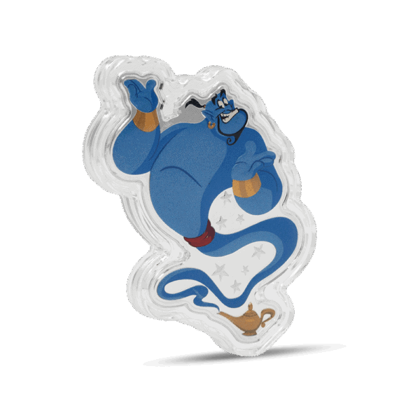 A colorized image of the Genie from Disney's Aladdin, with his arms crossed and a confident expression on his face. The coin is encased in a clear protective plastic capsule.