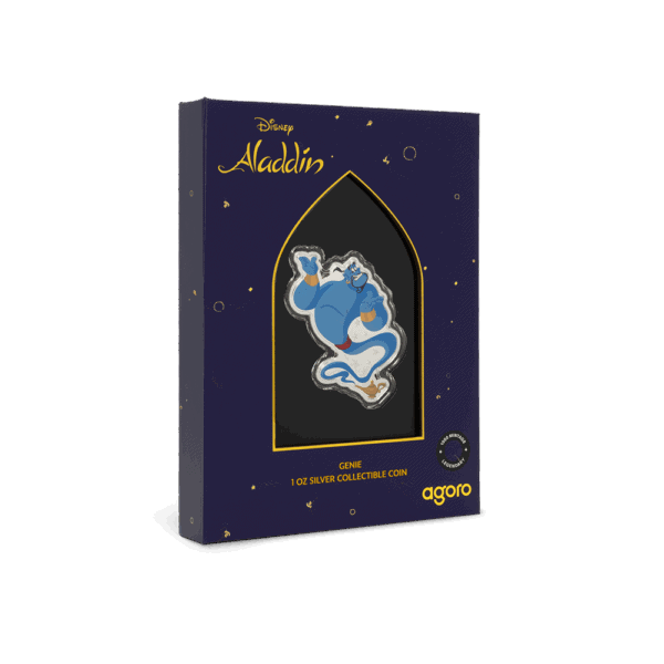 A dark blue rectangular box with gold lettering and a gold outline of a Moroccan arch. The box is shown at an angle, with a clear window that displays the Genie coin inside.