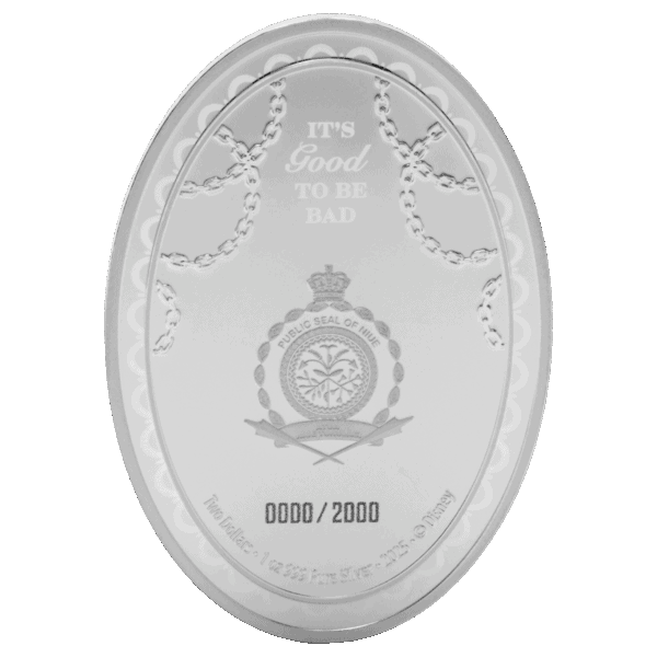 The back of a 2025 Niue Disney Villains Cruella de Vil coin. The silver coin is oval-shaped and features the text "IT'S GOOD TO BE BAD," along with a Disney Villains emblem and the coin's limited edition number.