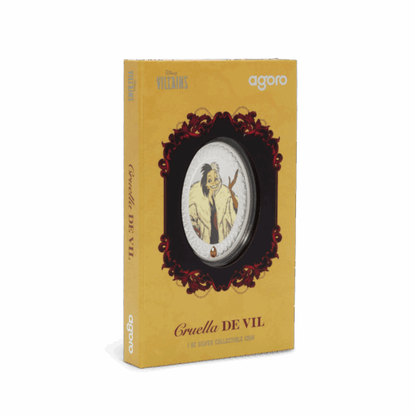 The side of the presentation box for the 2025 Niue Disney Villains Cruella de Vil coin. The vertical side panel is yellow and features the Disney Villains logo and text in black.