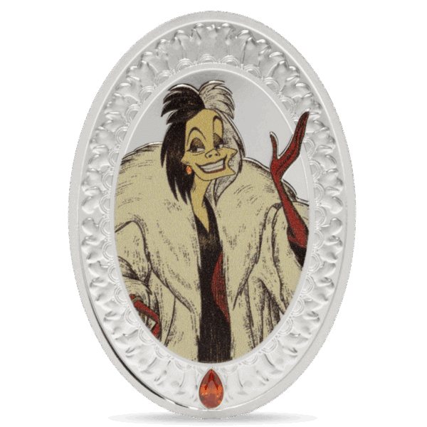 A colorized silver coin featuring the Disney villain Cruella de Vil from 101 Dalmatians, with her signature black and white hair and a white fur coat.