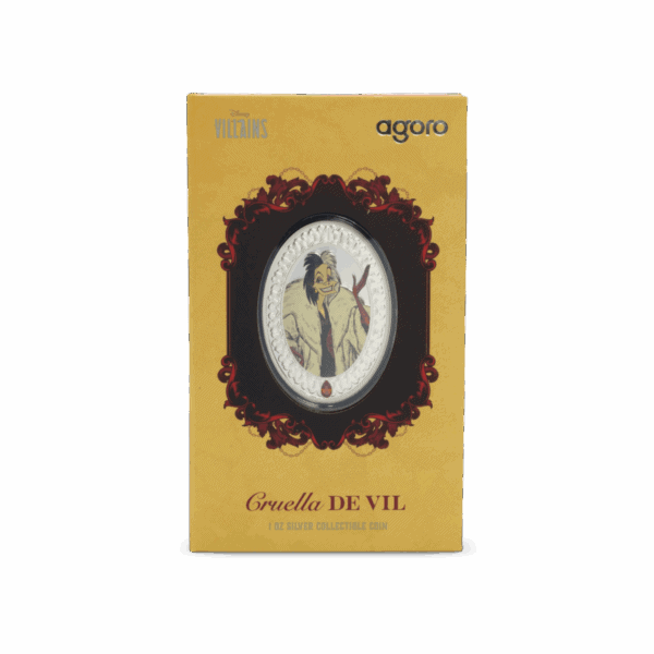 The front of a yellow presentation box for the 2025 Niue Disney Villains Cruella de Vil coin. The box features an oval-shaped design of Cruella and the text "Cruella DE VIL."