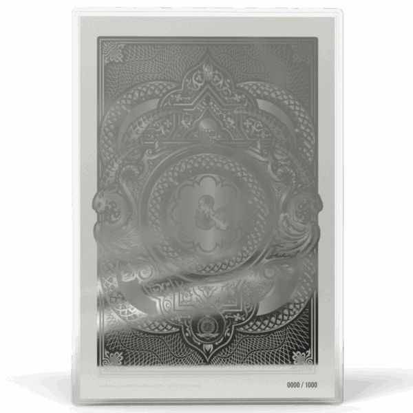 The back of a 1-oz silver foil from the Dungeons & Dragons Guidebooks series, featuring a detailed relief of a dragon's head surrounded by intricate patterns