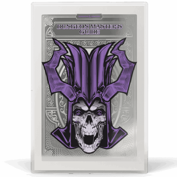 A silver foil from the Dungeons & Dragons Guidebooks series featuring the Dungeon Master's Guide artwork of a lich skull wearing a purple spiked helm.