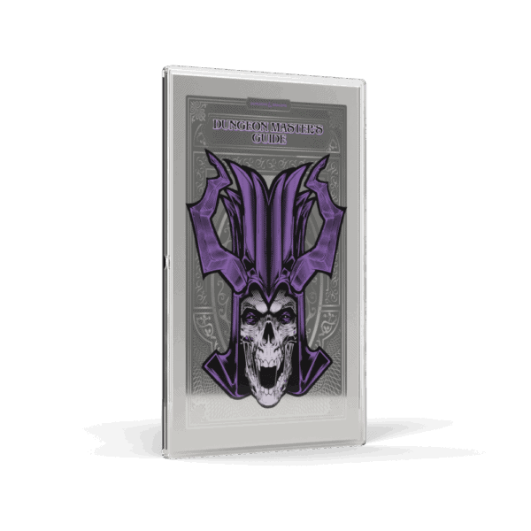 A perspective view of the Dungeons & Dragons Dungeon Master's Guide silver foil, showing the front artwork of a lich skull and the blank left side.