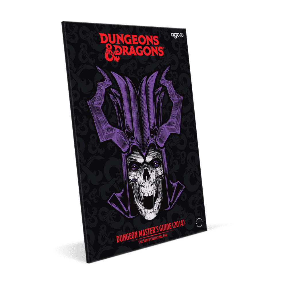 The Dungeons & Dragons Dungeon Master's Guide 1-ounce silver foil is shown in its black book-like packaging, featuring the lich skull artwork