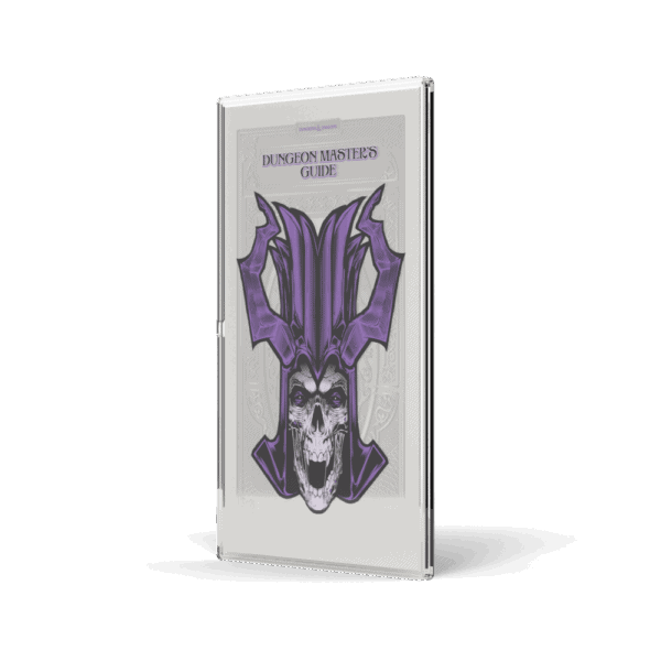 A perspective view of the Dungeons & Dragons Dungeon Master's Guide silver foil, showing the front artwork of a lich skull and the title on the side.