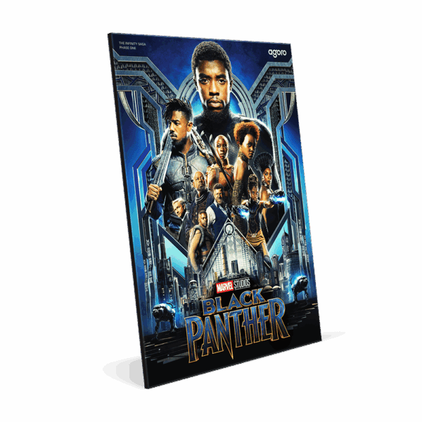 An angled, full-length shot of a colorized Black Panther silver foil standing upright.