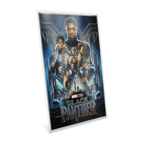 An angled view of a colorized Black Panther silver foil within its protective case.