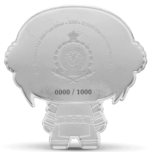 The reverse side of a silver chibi coin featuring Toph Beifong. It shows the country of issue's coat of arms and the limited edition number of the coin.