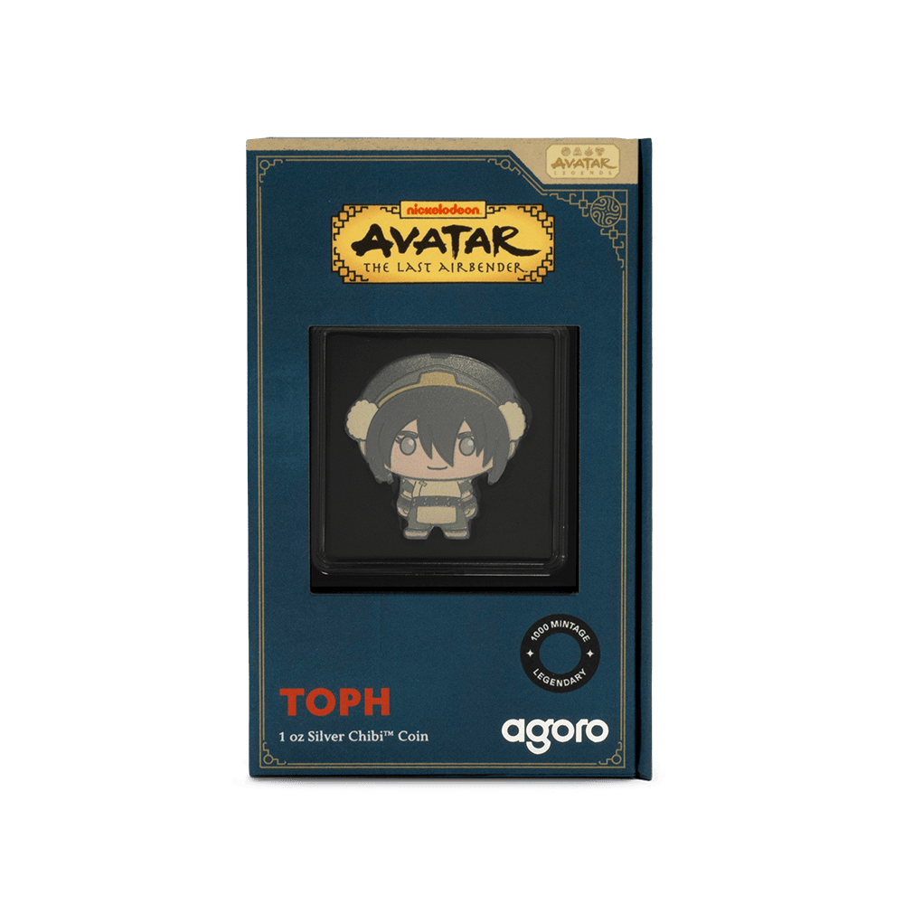 The Toph Beifong chibi coin displayed in its thematic, collectible packaging with a clear window