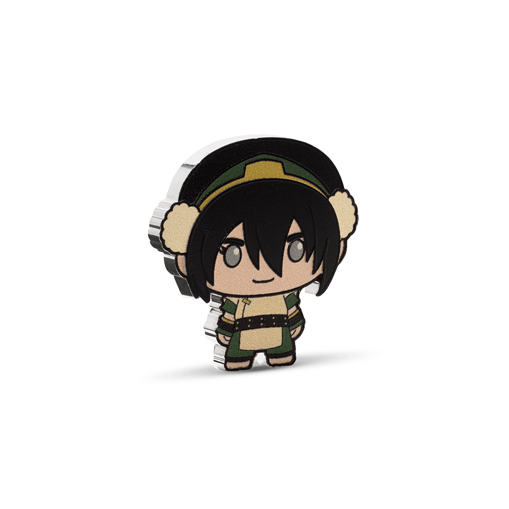 A left-side view of a colorized, silver Toph Beifong chibi coin, showing the detailed relief and thickness of the collectible