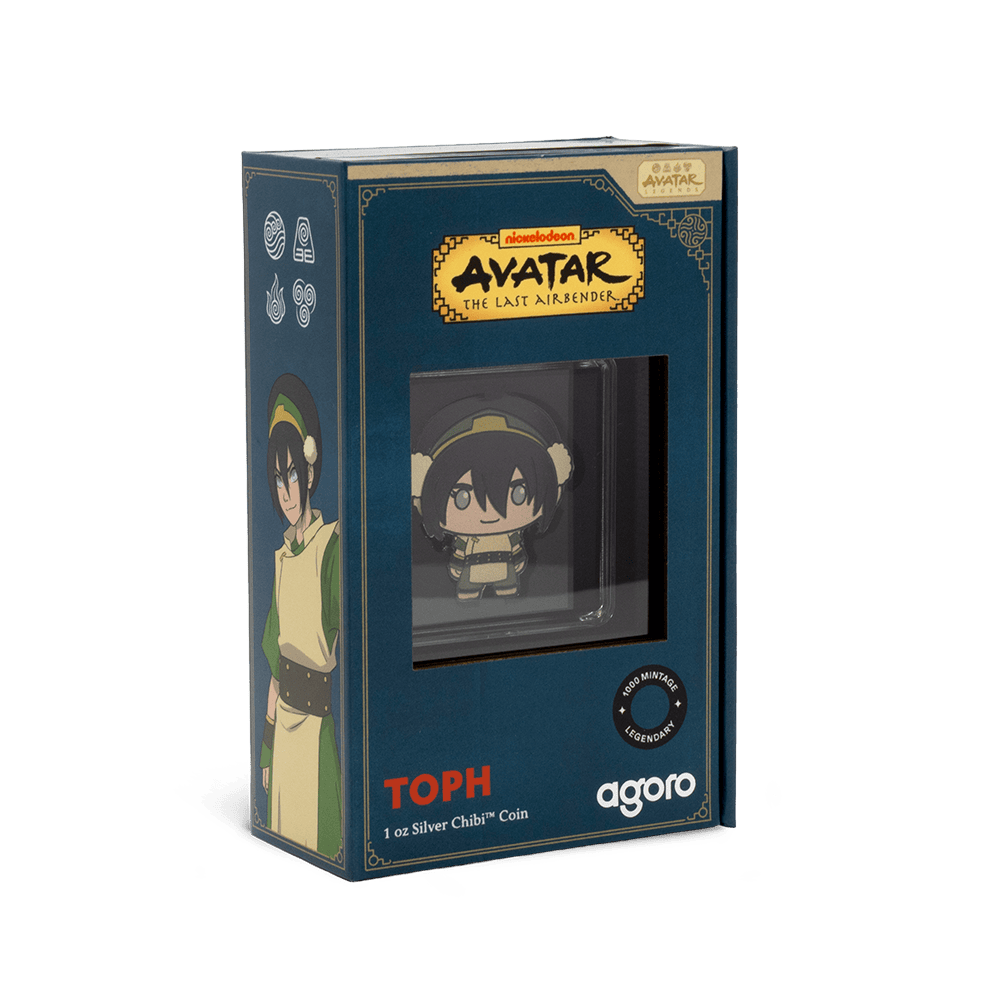 A side view of the Toph Beifong chibi coin's collectible packaging, showing the character's full-body art on the side
