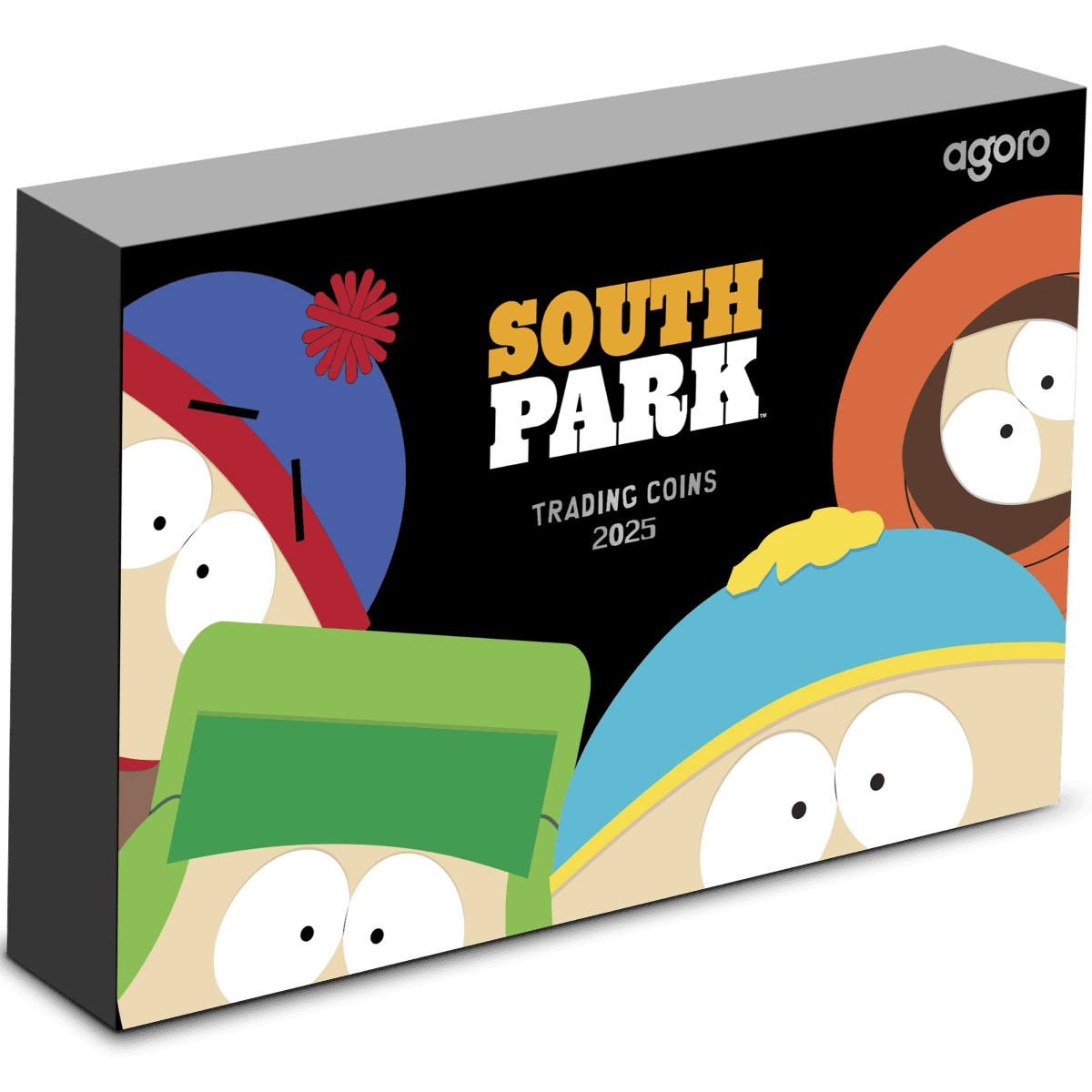 An image of the front of a small, rectangular black box featuring a "South Park" logo and parts of the faces of the main characters, Stan, Kyle, and Cartman.