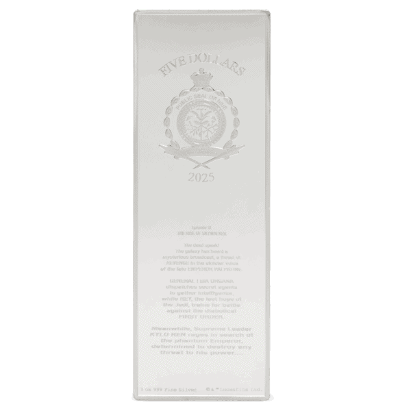 A silver coin's backside features a royal crest, "ELIZABETH II," and "NIUE TWO DOLLARS 2025."