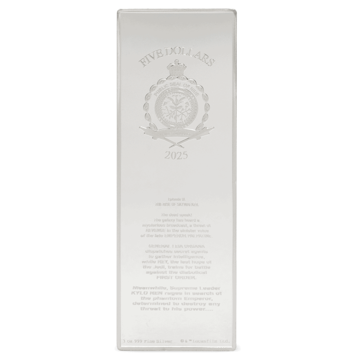 A silver coin's backside features a royal crest, "ELIZABETH II," and "NIUE TWO DOLLARS 2025."