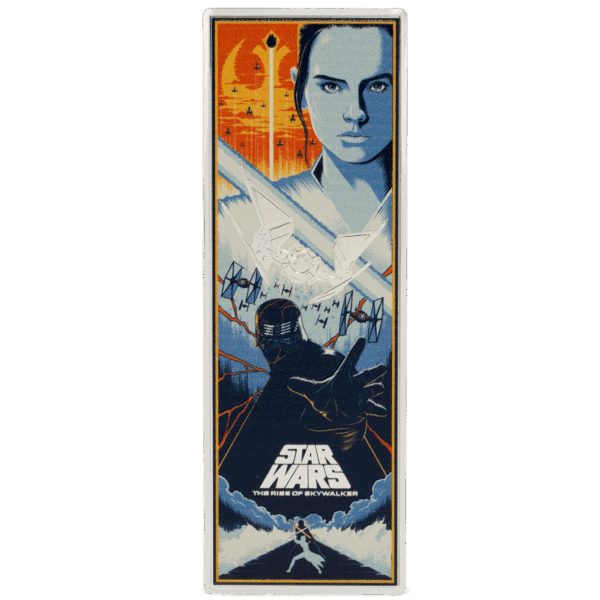 A tall, narrow silver coin shows a colored, stylized poster for Star Wars: The Rise of Skywalker. The top of the coin features a large portrait of Rey holding a lightsaber, with a large orange sun and a starship behind her. Below Rey, a smaller, darker portrait shows a hooded Kylo Ren wielding a red lightsaber, with a starship in the background and the Star Wars logo at the bottom. The coin has a proof-like, polished finish and is colorized with blue, orange, red, and white.