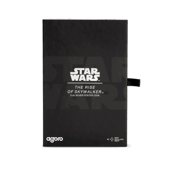 A black coin packaging with the Star Wars logo and the title The Rise of Skywalker in silver lettering.