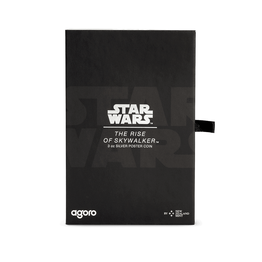 A black coin packaging with the Star Wars logo and the title The Rise of Skywalker in silver lettering.