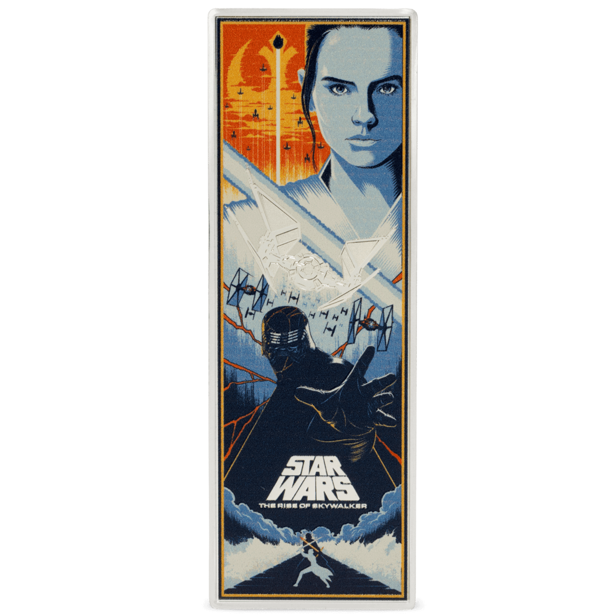 A tall, narrow silver coin shows a colored, stylized poster for Star Wars: The Rise of Skywalker. The top of the coin features a large portrait of Rey holding a lightsaber, with a large orange sun and a starship behind her. Below Rey, a smaller, darker portrait shows a hooded Kylo Ren wielding a red lightsaber, with a starship in the background and the Star Wars logo at the bottom. The coin has a proof-like, polished finish and is colorized with blue, orange, red, and white.