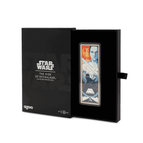 An open black box reveals a colorized silver coin for Star Wars: The Rise of Skywalker nestled inside.