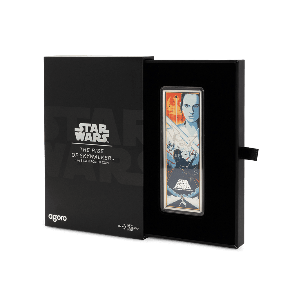 An open black box reveals a colorized silver coin for Star Wars: The Rise of Skywalker nestled inside.