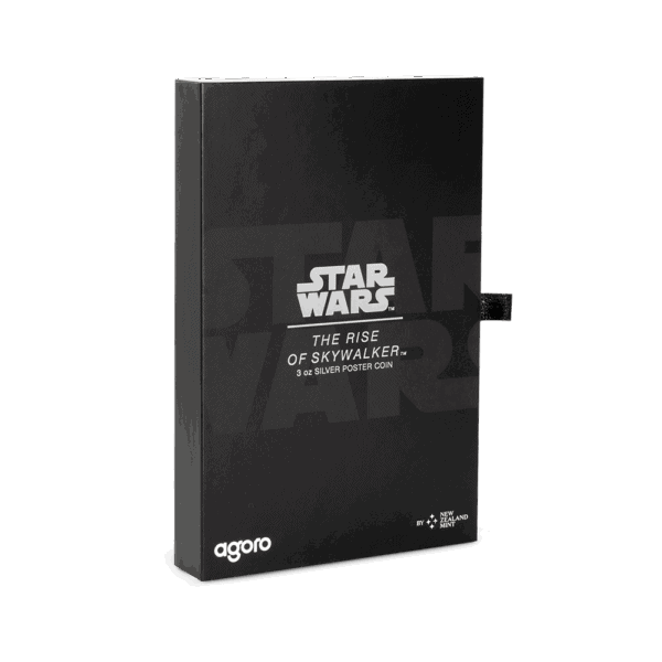 A black coin packaging with the Star Wars logo and the title The Rise of Skywalker in silver lettering.