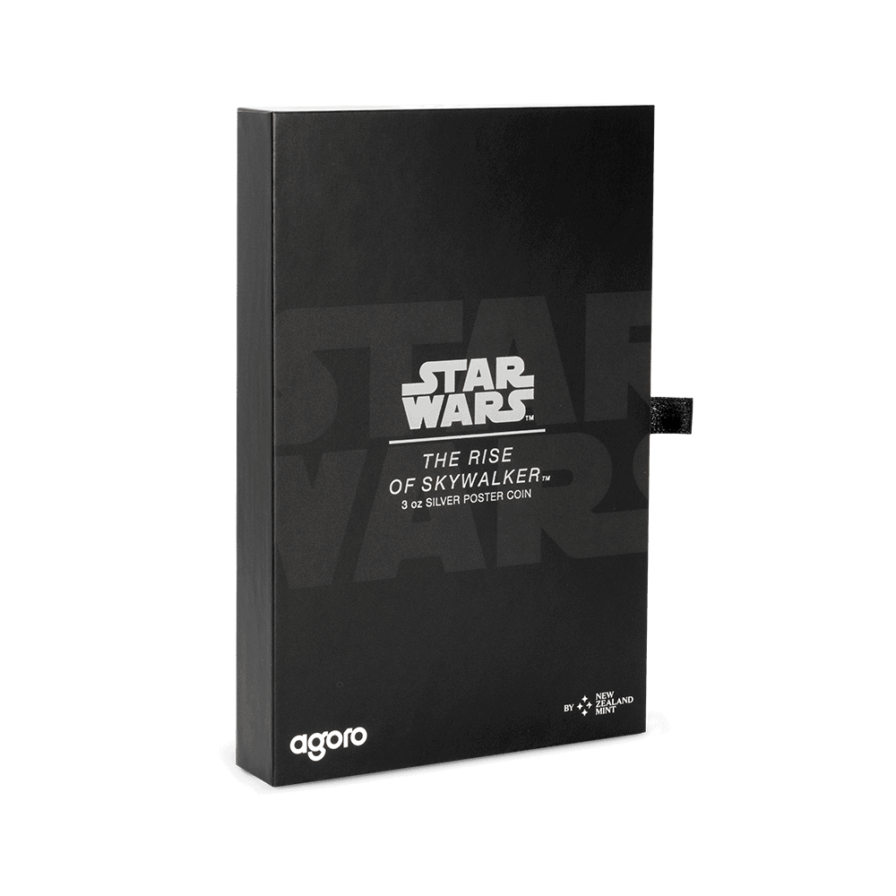 A black coin packaging with the Star Wars logo and the title The Rise of Skywalker in silver lettering.
