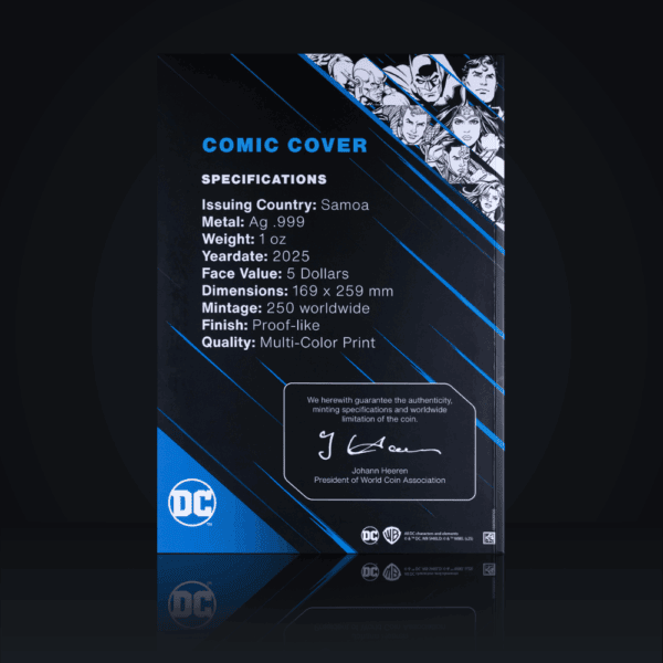 The back of the commemorative Batman #251 silver foil note packaging, showing product specifications and a signature.