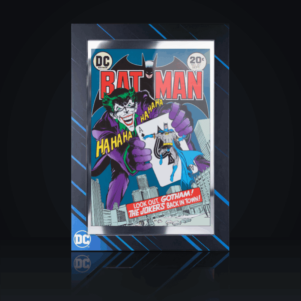 The front view of a commemorative Batman #251 silver foil note, packaged in its display case. The artwork features the Joker and Batman.