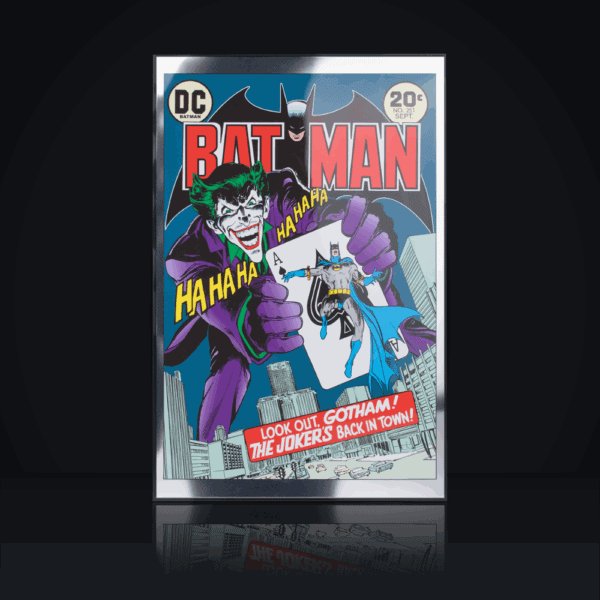 A colorized image of the Batman #251 comic book cover, featuring the Joker and Batman, displayed in a protective case.