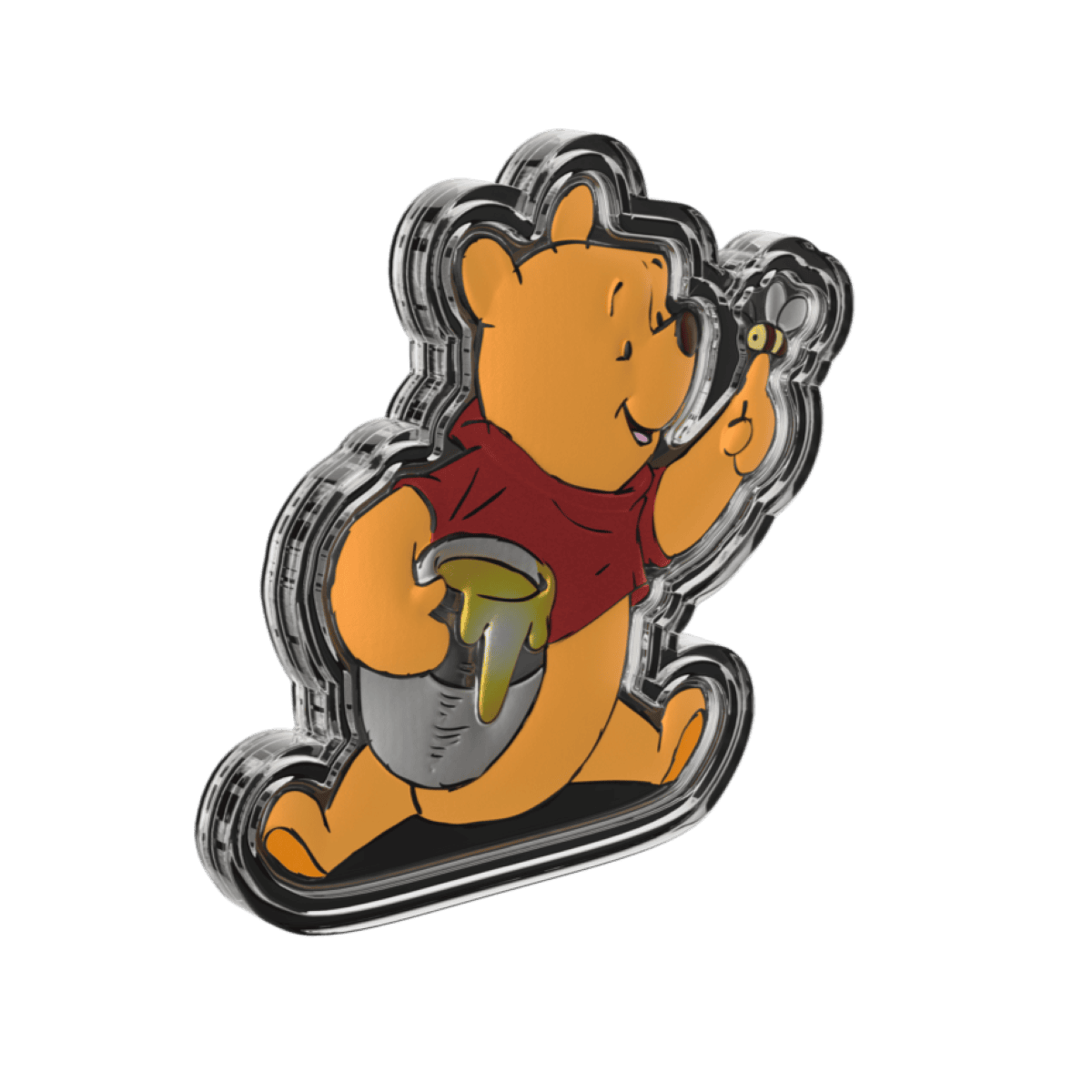 A close-up shot of a full-color Winnie the Pooh running, holding a pot of honey and a coin. The coin is presented inside a clear, protective plastic capsule.