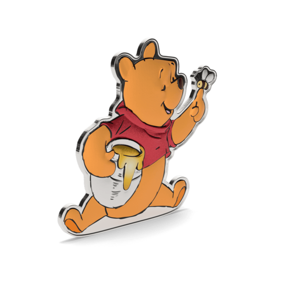 A close-up shot of an orange and red Winnie the Pooh running while holding a silver, decorative coin in one hand and a pot of honey in the other.