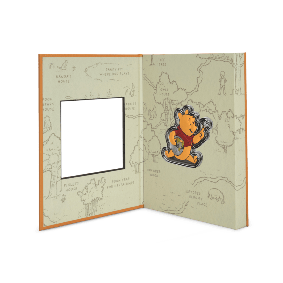 The open packaging for a Winnie the Pooh coin. The inside of the package is a map of the Hundred Acre Wood. On the left is an empty, square cut-out, and on the right is the Winnie the Pooh coin in its protective capsule.