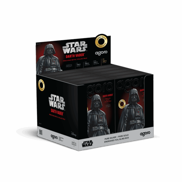 A full case of black "Star Wars Darth Vader" blind boxes is shown in a display box, with several of the individual boxes visible.