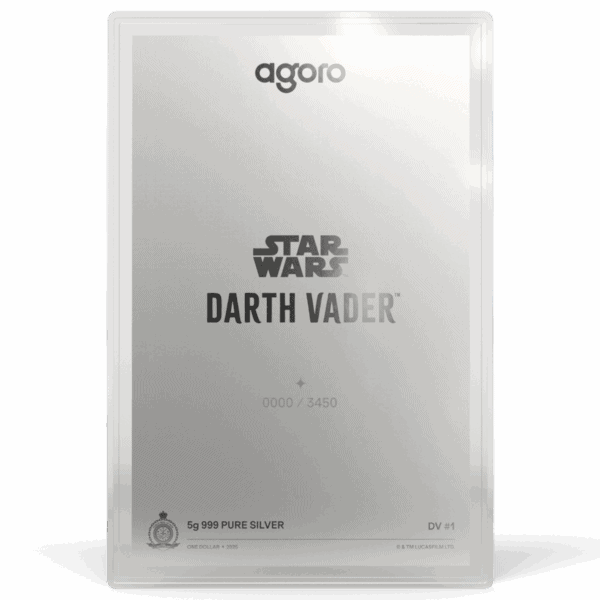 The back of a 5-gram silver proof foil featuring the Star Wars and Darth Vader logos. The background is a clean, metallic gray with text and symbols.