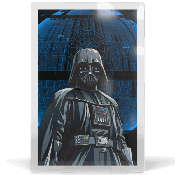 A silver proof foil featuring Darth Vader in a black suit and helmet with a glowing red chest plate. The background is a blue-tinted interior of a spaceship with circular lights and panels.