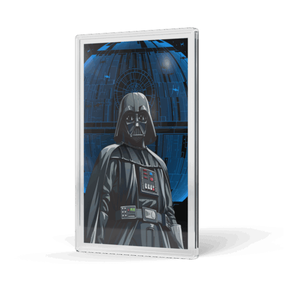 A photo of a special edition Star Wars Darth Vader 5-gram silver foil, shown standing upright in its protective case. The foil features a classic depiction of Darth Vader from the original trilogy, with a blue and black background.