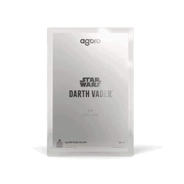A 3D render of the back of a silver foil collectible. The top of the card shows the AGPRO logo. The center says "STAR WARS" and "DARTH VADER" in black text, with the Galactic Empire symbol at the bottom