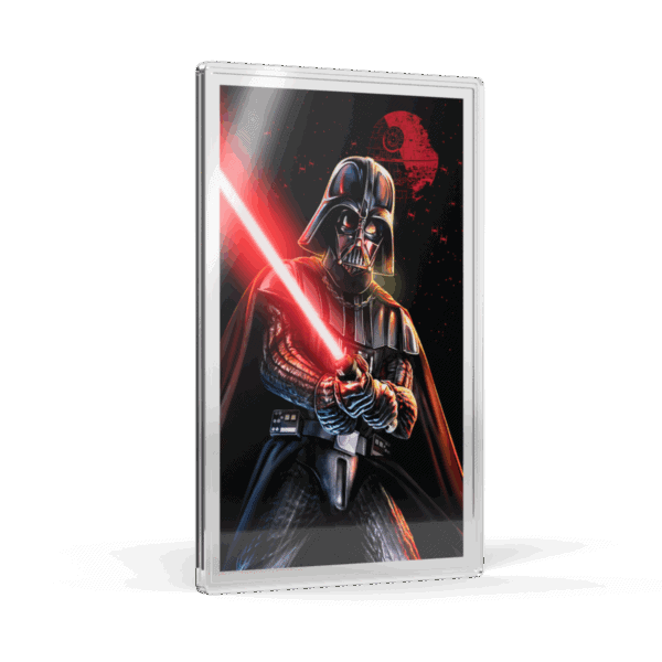 A silver proof foil featuring Darth Vader holding a red lightsaber. The foil is packaged in a clear, upright plastic case