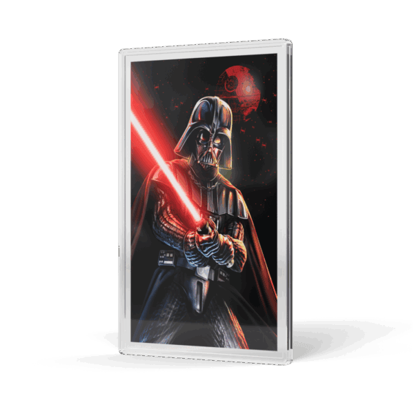 A silver foil card displays Darth Vader in a dynamic pose, holding a glowing red lightsaber against a dark, dramatic background