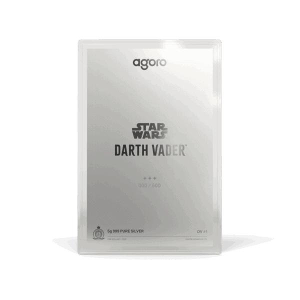 The back of a 2025 Reserve Niue Star Wars Darth Vader collectible blind box. The packaging is a silver-toned foil packet with the Star Wars and Darth Vader logos printed vertically in the center. The Agosi logo is at the top left, and the New Zealand Mint and Niue logos are at the bottom.