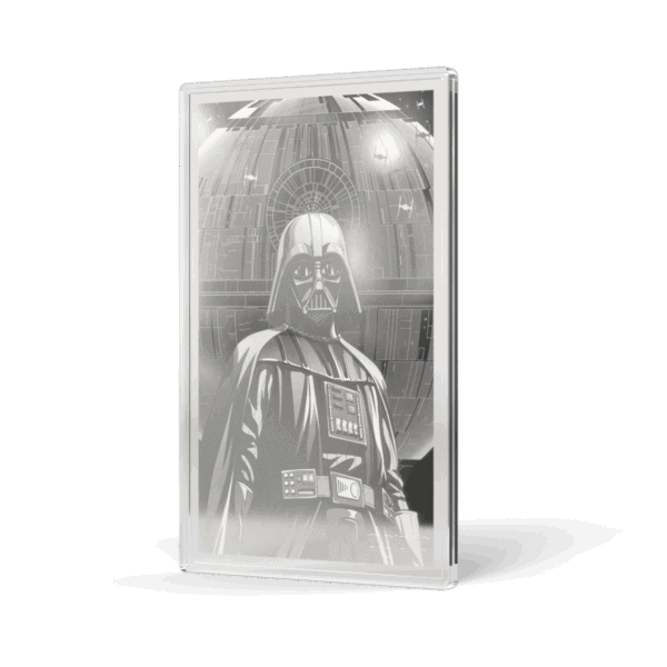 A silver proof foil featuring Darth Vader in a black and white image. The foil is tilted to show the right side and front, with the image of Darth Vader visible through the translucent packaging. He is standing, facing forward in his full armor.