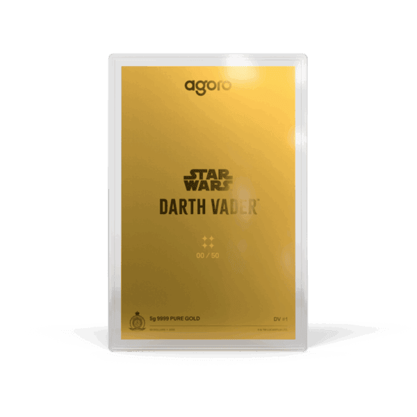The back of a 2025 Reserve Niue Star Wars Darth Vader collectible blind box. The packaging is a gold-toned foil packet with the Star Wars and Darth Vader logos printed vertically in the center. The Agosi logo is at the top left, and the New Zealand Mint and Niue logos are at the bottom.
