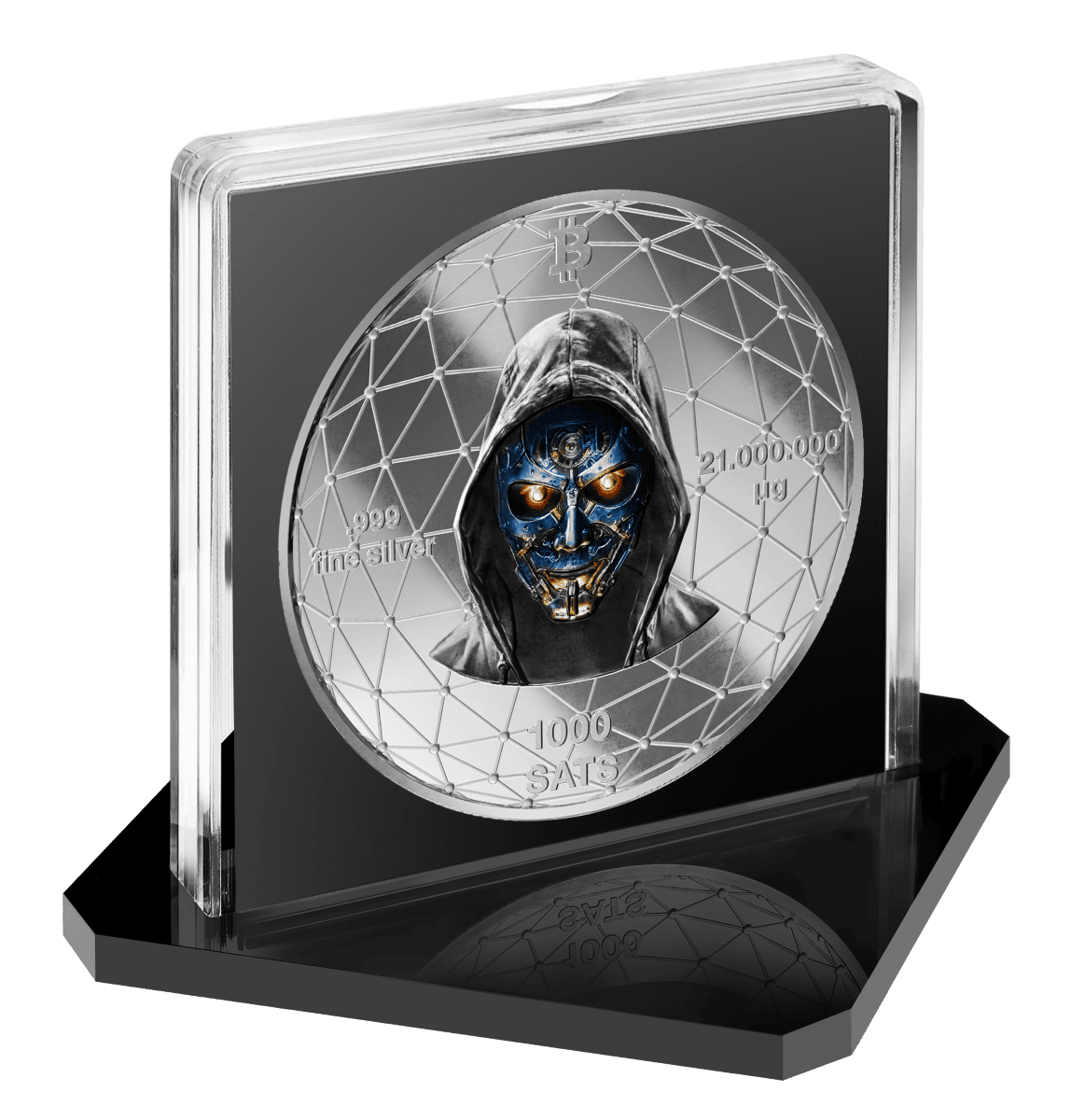 Intricate silver coin featuring a cybernetic skull with a digital, futuristic background and Bitcoin symbolism, encased in a clear protective capsule.