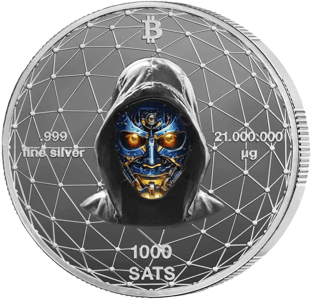 Shiny silver coin featuring a robotic skull with glowing eyes, inscribed with Bitcoin symbols and digital network design.