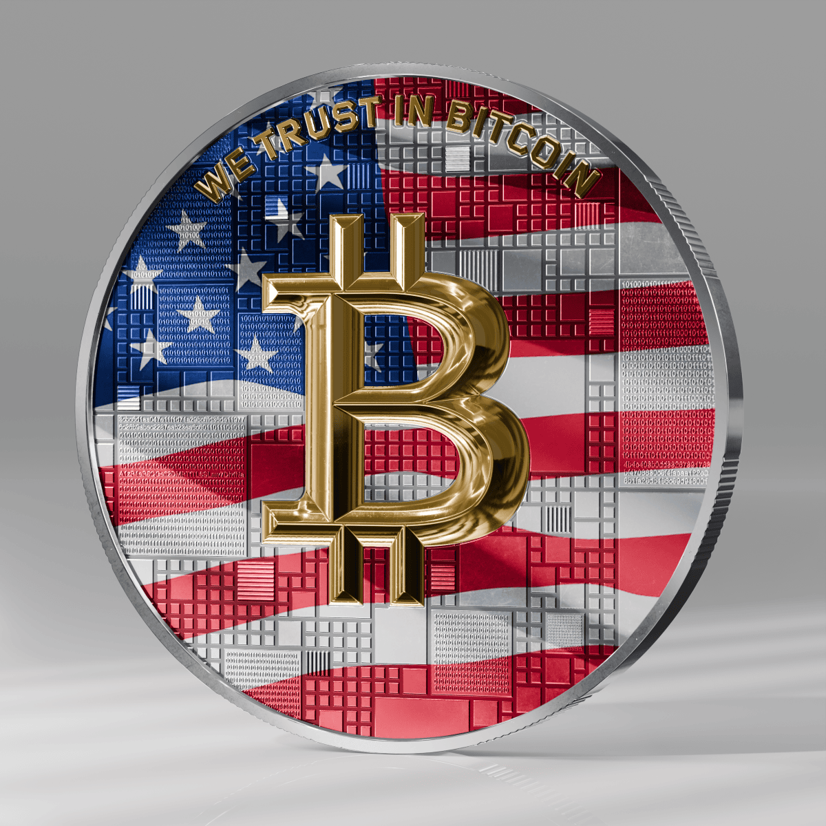 1. Gold Bitcoin symbol over the US flag in digital mosaic design, with "We Trust in Bitcoin" text.