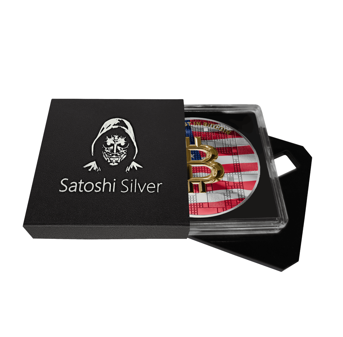 Hooded figure logo with Satoshi Silver text on black box cover, partially revealing colorized Bitcoin coin inside.