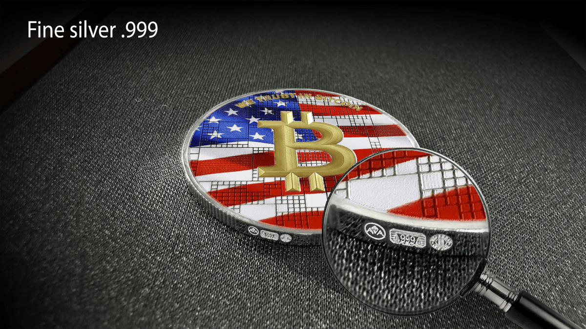 Golden Bitcoin coin with US flag design, magnified detail, fine silver .999 engraving, commemorating Germany Satoshi Project.