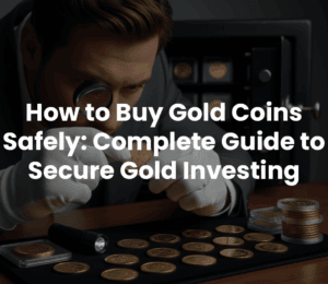 A man looking at gold coins with a headline that says "How to Buy Gold Coins Safely - Complete Guide to Secure Gold Investing."